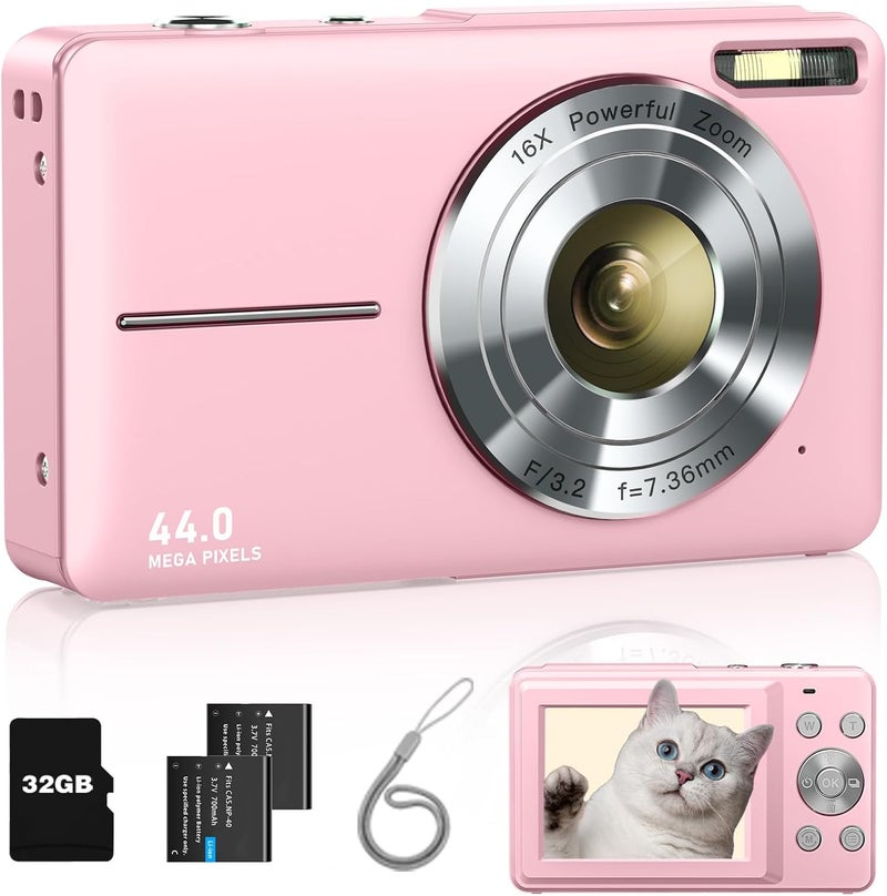 Lecran كاميرا رقمية، كاميرا للأطفال بدقة FHD 1080P بنقطة وتصوير، مع بطاقة 32 جيجابايت، 2 بطاريات، زوم 16X مضاد للاهتزاز، تاريخ الطابع، صغيرة محمولة، للمبتدئين الأطفال المراهقين الطلاب الفتيات الأولاد (وردي) - Image 1